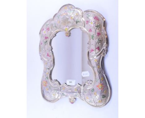 A Continental silver coloured metal strut mirror, with floral and enamel decoration, 40.5 cm high   Condition report  Report 