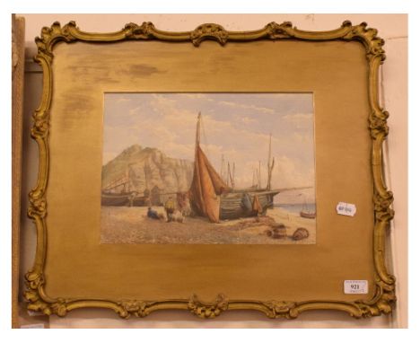 English school, 19th century, mending the sails, watercolour, 25 x 35 cm, and a mantel clock, in a spelter case   Condition r