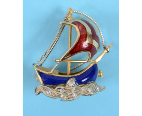 A yellow coloured metal brooch, in the form of a ship, with enamel decoration, on white coloured metal waves, set diamonds  S