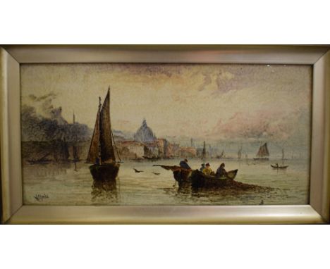 A William Yale hand painted ceramic tile, decorated a view of the Thames, signed, titled verso, 15 x 30 cm
