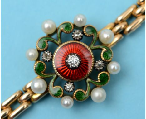 A 19th century enamel, diamond and seed pearl roundel, later mounted on a yellow coloured metal bracelet, and another similar
