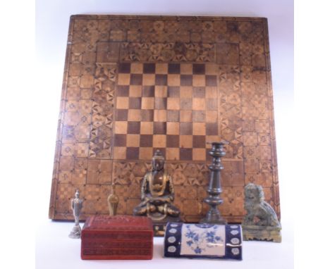 Assorted transfer printed ceramics, metalwares, jewellery, a parquetry inlaid chess board, books and items (qty)