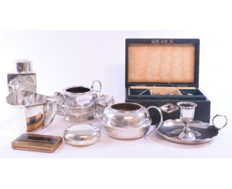 An aesthetic period style plated tea caddy, other plated items, a small group of costume jewellery, compacts and other items 