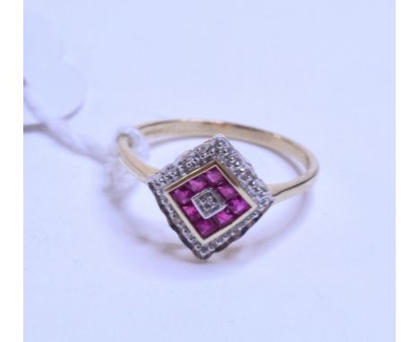 An Art Deco style 9ct gold, ruby and diamond ring, approx. ring size O½   Condition report  Report by NGModern