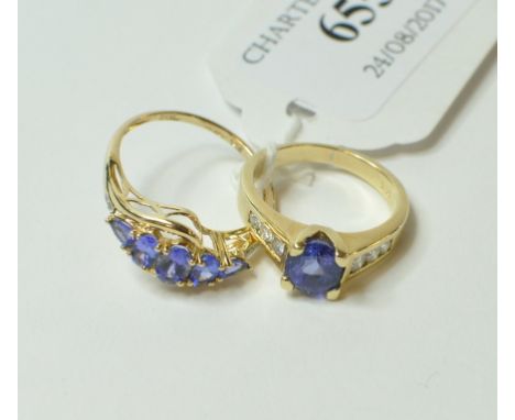 A 14ct gold, tanzanite and diamond ring, approx. ring size R, and another similar (2)