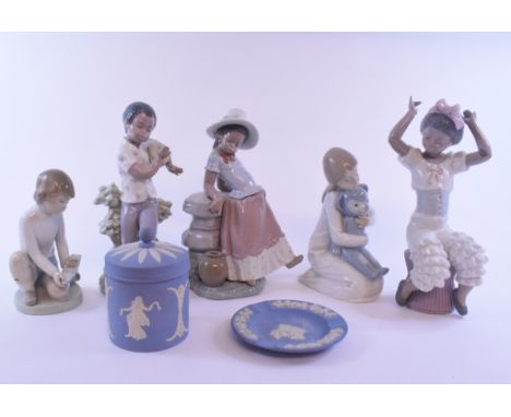 A Lladro figure, A Step in Time, 5158, 21.5 cm high, a Nao figure, of a girl and teddy bear, 17.5 cm high, other similar figu