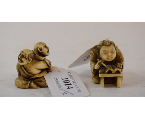 A 19th century Japanese carved ivory netsuke, decorated a scholar at his table, two character mark to underside, and another,