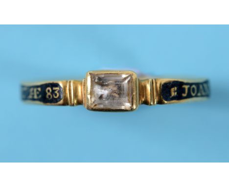 An 18th century yellow coloured metal, enamel and diamond memoriam ring, inscribed JOAN COLLINS OB13DEC 1737 (?) AE83, approx