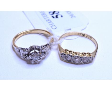 An 18ct gold, platinum and diamond ring, approx. ring size Q, and an 18ct gold, platinum and five stone diamond ring, approx.