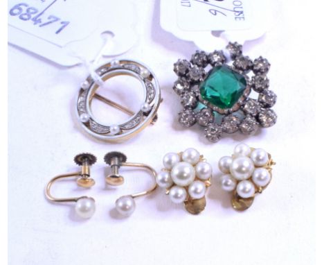 A diamond, enamel and seed pearl brooch, a paste set brooch, and two pairs of earrings   Condition report  Report by RBSlight