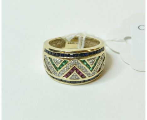 EXTRA LOT:  An Art Deco style 9ct gold, diamond, emerald, ruby and sapphire ring, approx. ring size N½   Condition report  Ap