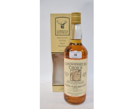 A bottle of Connoisseurs Choice single highland malt Scotch whisky, North Port-Brachin Distillery, 1970, 40% vol, with a box