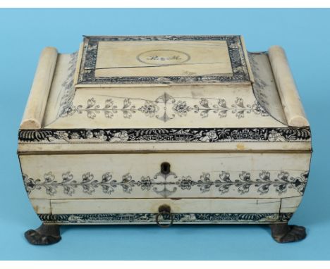 An early 19th century Anglo Indian Vizagapatam needlework box, of sarcophagus form, decorated oriental landscapes and figures