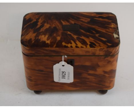 An early 19th century tortoiseshell tea caddy, on ball feet, edge losses, 15.5 cm wide 