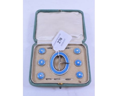 A set of six blue and white enamel buttons, with a matching buckle, boxed 