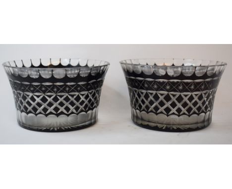 A pair of clear and black cased glass bowls, 17.5 cm high, three glass two branch wall light fittings, other light fittings, 