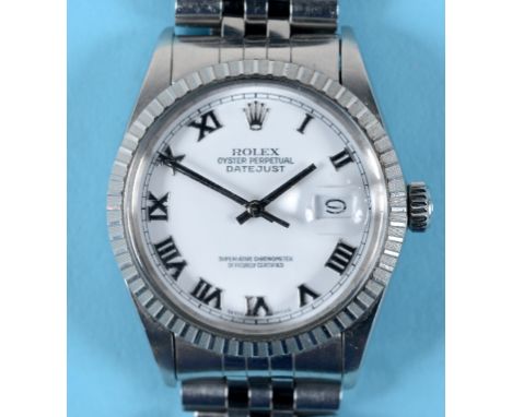 A gentleman's stainless steel Rolex Oyster Perpetual Datejust wristwatch, the white dial with Roman numerals and date apertur