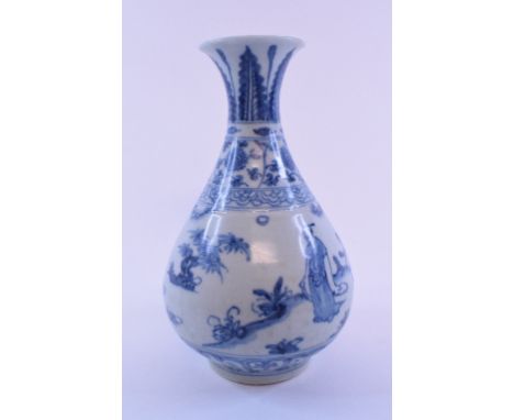 A Chinese baluster vase, decorated figures and foliage in underglaze blue, Ming dynasty, provincial, hairline crack to rim, w