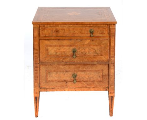 A 19th century walnut chest, of three graduated long drawers, with parquetry and floral marquetry inlaid decoration, on taper