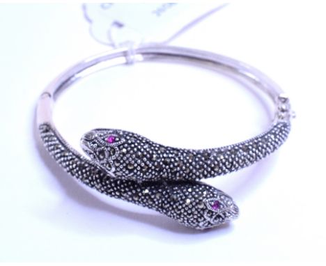 A silver snake bangle, set marcasite and rubies   Condition report  Report by NGModern