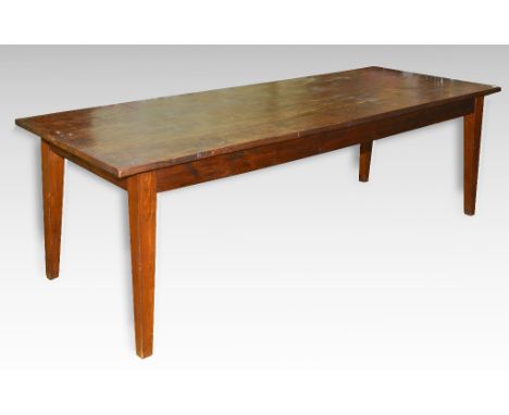 An elm farmhouse style kitchen table, on tapering square legs, 250 cm wide  See illustration   Condition report  Some patch r