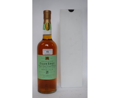A bottle of Glen Spey single malt Scotch whisky, bottled 2010, aged 21 years, 50.4% vol, boxed 