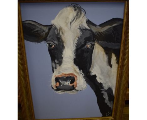 Caroline Walker, a portrait of a cow, Mary, acrylic on canvas, initialled, 68 x 48 cm, a pair of plaster relief pictures, oth