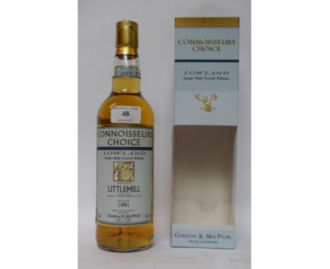 A bottle of Connoisseurs Choice lowland single malt Scotch whisky, Littlemill Distillery, 1991, bottled 2007, 43% vol, with a