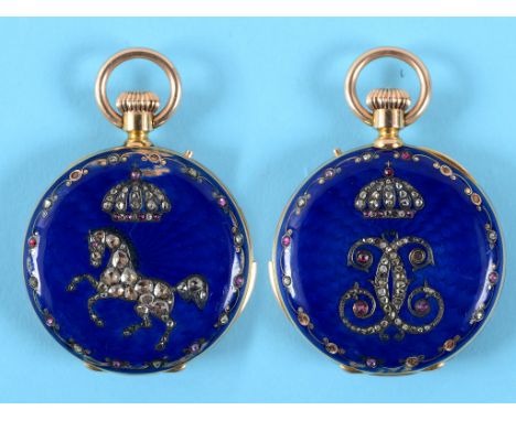 A 19th century gold and enamel hunter pocket watch, with minute repeat, the enamel dial with Roman numerals and subsidiary se