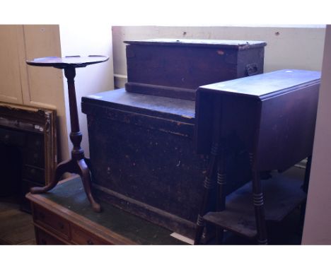 A painted pine trunk, 75 cm wide, another similar, a trunk, two tables, assorted horse tack, related items and sundries (qty)