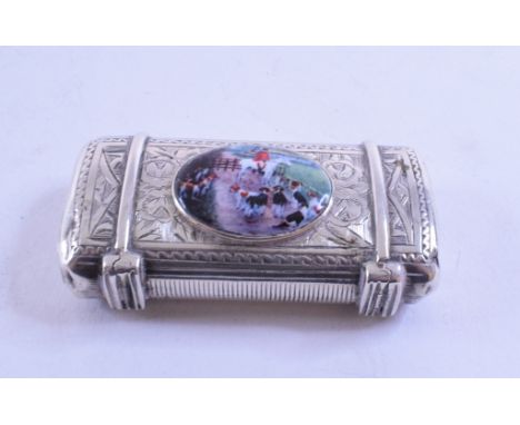 A vesta case, with engraved decoration, Victorian double ended, Birmingham 1878, 6 cm wide, later applied a plaque decorated 