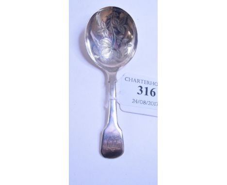 An early 19th century silver fiddle pattern caddy spoon, initialled, the bowl engraved a floral spray, George Wintle, London 