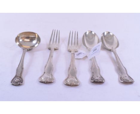 A pair of silver table forks, London 1893, a matching pair of tablespoons, and a silver soup ladle, all initialled, approx. 1