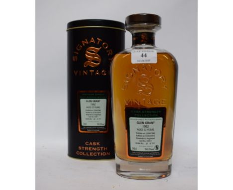 A bottle of Signatory Vintage Speyside single malt Scotch whisky, Glen Grant, 1992, bottled 2014, 50.0% vol, with a tube