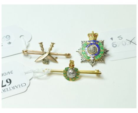A 9ct white and yellow gold Royal Marines regimental brooch, with enamel decoration, a similar 9ct gold bar brooch, and a 9ct