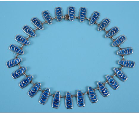 A Norwegian sterling silver and blue enamel necklace, designed by David Andersen, with a matching bracelet and a pair of scre