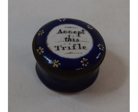 A 19th century enamel pill box, the lid inscribed Accept this Trifle, a Royal Worcester circular box and cover, decorated a b
