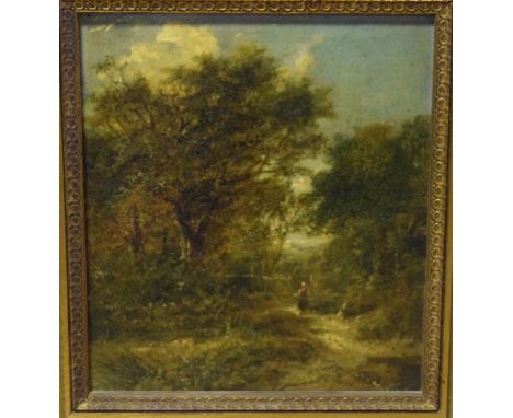 English school, 19th century, a figure walking down a woodland path, oil on panel, 24.5 x 21.5 cm, two silkwork pictures, oth