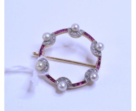 A seed pearl, diamond and ruby brooch, in a yellow coloured metal setting, boxed    Condition report  Report by NGApprox. 5.1