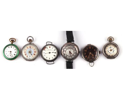 Two silver cased fob watches; together with a gilt metal and enamel fob watch and three silver cased wristwatches (6).