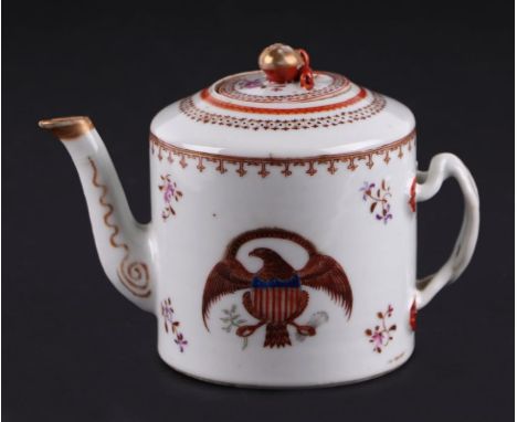 A Chines armorial teapot with cross strap handle, with the arms of the USA, 11cms high.