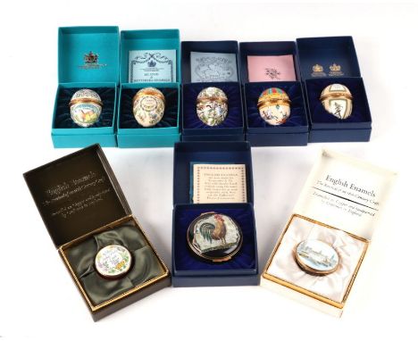 A collection of five Halcyon Days ovoid enamel boxes, two English Enamels and one Crummies enamel boxes, all in original boxe