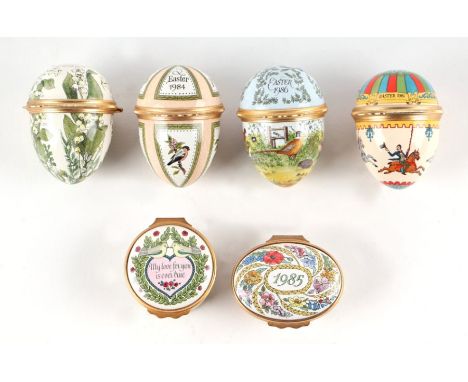 Six Halcyon Days enamel boxes to include four shaped as eggs (6).