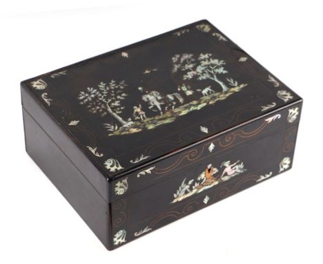 A 19th century French sewing box with brass and mother of pearl inlay, 30cms wide.Condition ReportThe top has a crack running