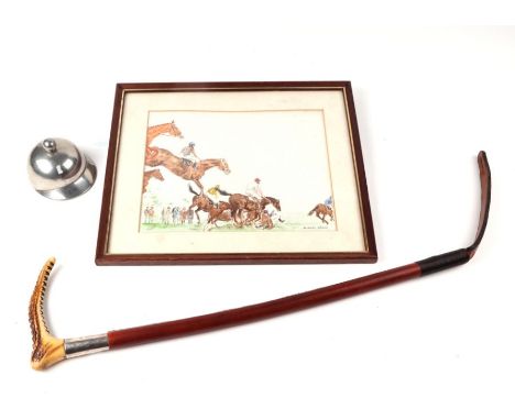 Horse racing interest:  A Brigg leather riding crop with antler handle and silver collar, 50cms long; together with a pewter 