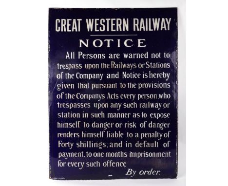 A Great Western Railway Notice enamel sign, 56 by 76cms.