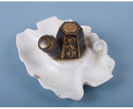 A Victorian S Morden &amp; Co. dip pen inkwell, the ruby glass reservoir with gilt decoration on a porcelain pen stand, 10cms