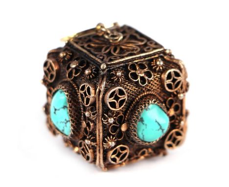 A Chinese silver gilt and turquoise set cube shaped pendant.