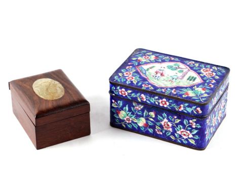 A Chinese enamel box and cover, the cover decorated with figures within a landscape, 13cms wide; together with a hardwood box