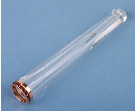A Russian yellow metal mounted and ruby set rock crystal cigarette holder. 8.5cm long 